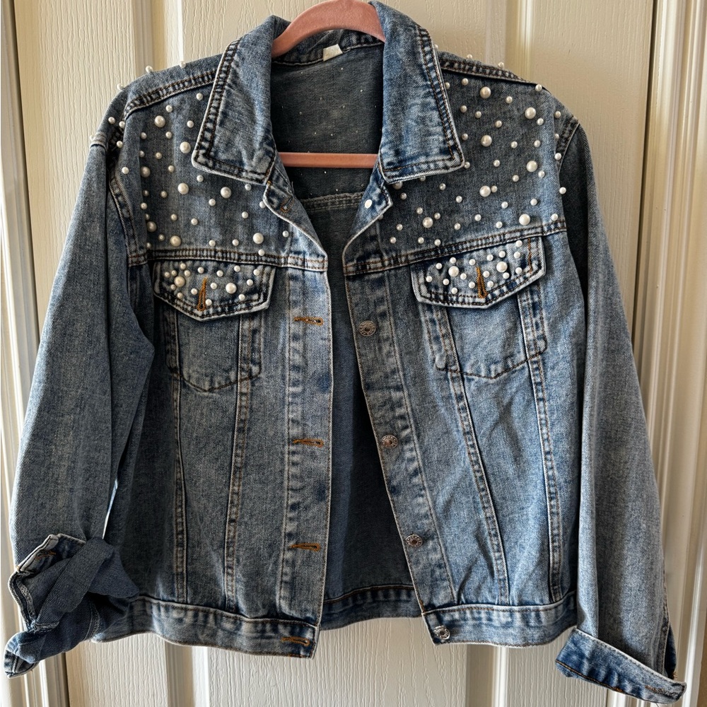 Denim Pearl-Studded Jacket